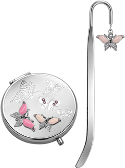 Jardin D'ete. Подарочный набор "Розовые бабочки": круглое косметическое зеркало и закладка для книг, материал – сталь, стекло, эмаль, цвет – серебристый.