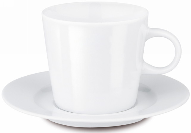 0964. Чайная пара Fancy, материал - фарфор, цвет - белый, печать логотипа и изображений на чашку и блюдце - деколь.
