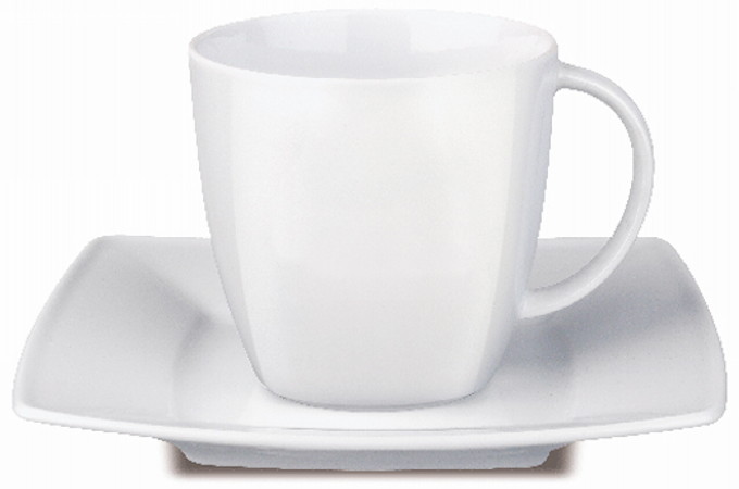 0977. Чайная пара Maxim, материал - фарфор, цвет - белый, печать логотипа и изображений на чашку и блюдце - деколь.
