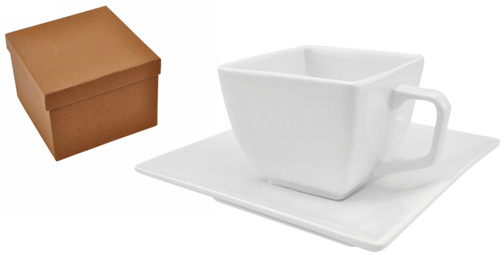 13607. Чайная пара "Вдохновение" в подарочной картонной коробке. Чайная пара - материал фарфор, цвет - белый, печать логотипа и изображений на блюдце и чашку - деколь.