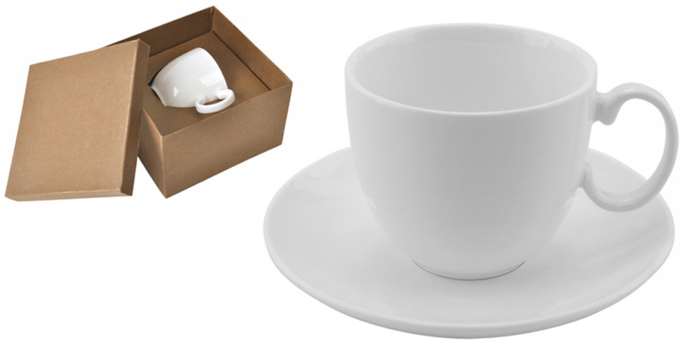 13609. Чайная пара "Романтика" в подарочной картонной коробке. Чайная пара - фарфор, цвет - белый, печать логотипа и изображений на чашке и блюдце - деколь.
