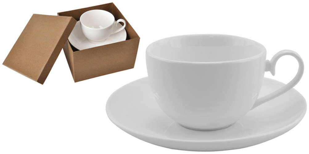 13610. Чайная пара "Классика" в подарочной картонной коробке. Чайная пара - материал фарфор, цвет - белый, печать логотипа и изображений на чашку и блюдце - деколь.