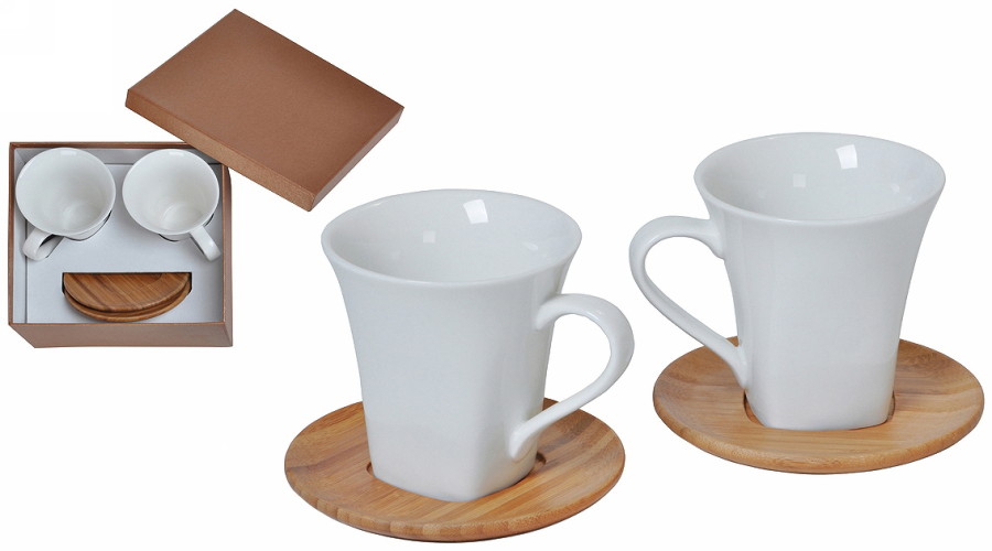 21500. Подарочный чайный набор "Натали". Чайный набор состоит из двух чайных пар, материал - фарфор, бамбук, цвет - белый, печать логотипа и изображений на чашки - деколь, нанесение логотипа на блюдца - лазерная гравировка.