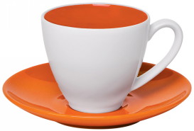 23300. Чайная пара "Кувшинка", материал - фарфор, цвет – белый/оранжевый, печать логотипа и изображений на блюдце и чашку - деколь.