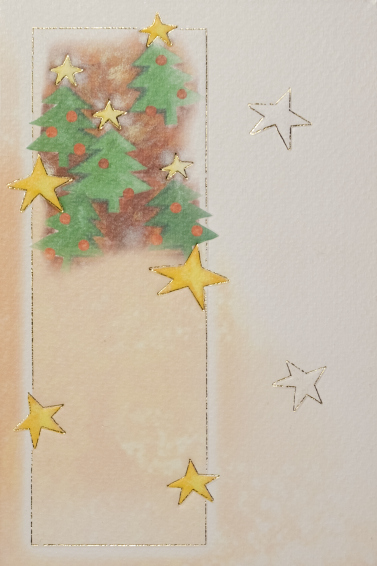 Открытка новогодняя "Новогодние звёзды", открытка изготовлена на дизайнерском картоне, печать офсетная, объёмное тиснение, тиснение золотом. Печать логотипа и поздравительного текста на открытке – шелкография.