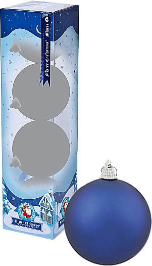 Ёлочный шар, цвет – синий матовый. Ёлочные шары упакованы в подарочную коробку по 4 штуки. Диаметр синих матовых ёлочных шаров - 60 мм., 70 мм. и 80 мм. Нанесение логотипа на ёлочные шары - тампопечать.