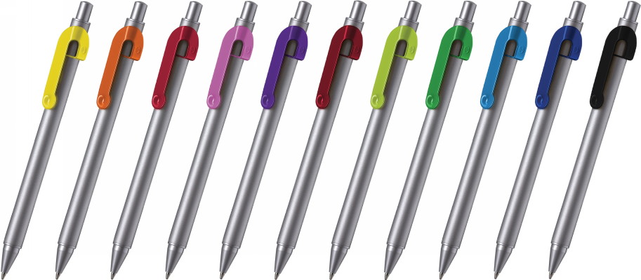 Металлическая шариковая ручка под нанесение логотипа B1 Snake Silver. Металлическая ручка с кнопочным механизмом, матовым серебристым корпусом и кнопкой, цветным глянцевым клипом.