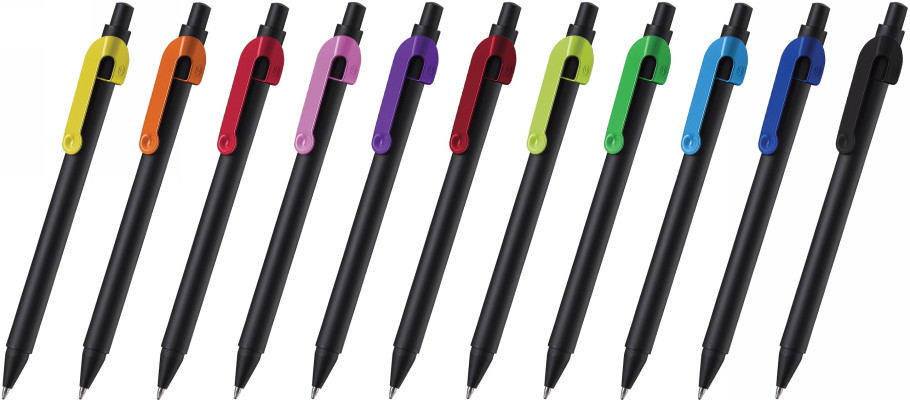 Металлическая шариковая ручка под нанесение логотипа B1 Snake Black. Металлическая ручка с чёрным матовым корпусом, кнопочным механизмом выдвижения стержня и цветным глянцевым клипом.