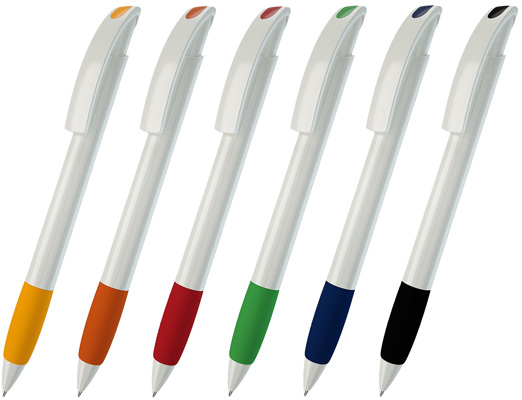 Шариковая ручка под нанесение логотипа Lecce Pen 150 NOVE. Шариковая ручка с белым непрозрачным глянцевым корпусом и клипом с цветной вставкой, мягкая цветная зона грифа.