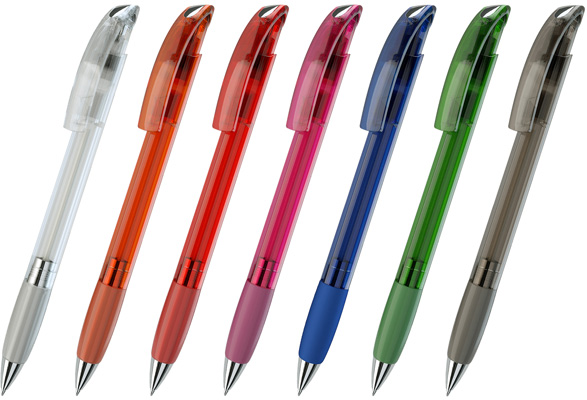 Шариковая ручка под нанесение логотипа Lecce Pen 152 NOVE LX. Шариковая ручка с цветным прозрачным блестящим корпусом и клипом, пластиковый хромированный наконечник, мягкая зона грифа в цвет корпуса ручки.