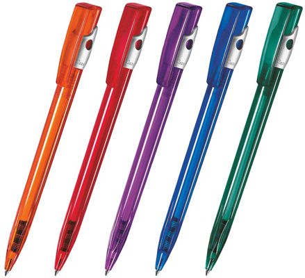 Шариковая ручка под нанесение логотипа Lecce Pen 393S KIKI LX SILVER. Шариковая ручка с прозрачным блестящим цветным корпусом и клипом-кнопкой, пластиковой вставкой серебристого цвета в верхней части ручки.