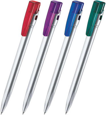 Шариковая ручка под нанесение логотипа Lecce Pen 399 KIKI SAT. Шариковая ручка с пластиковым корпусом серебристого цвета и клипом-кнопкой из прозрачного блестящего цветного пластика.
