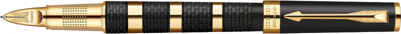 1858532. Ручка Пятый пишущий узел Parker Ingenuity Large Black Rubber and Metal GT. Ручка Паркер пятый пишущий узел со съёмным колпачком, чёрное нескользящее лаковое покрытие с переплетающимся узором, детали дизайна с золотым PVD-покрытием.