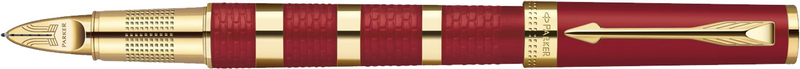 1858534. Ручка Пятый пишущий узел Parker Ingenuity Large Red Rubber and Metal GT. Ручка Паркер пятый пишущий узел со съёмным колпачком, красное нескользящее лаковое покрытие с переплетающимся узором, детали дизайна с золотым PVD-покрытием.