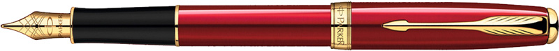 1859476. Перьевая ручка Parker SONNET Red Lacquer GT. Перьевая ручка Паркер с золотым пером, корпус и съёмный колпачок покрыты глубоким блестящим лаком красного цвета, позолоченные детали дизайна.