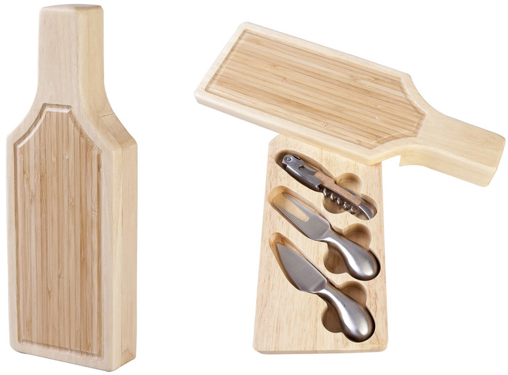 Подарочный набор в деревянном футляре, по форме напоминающий бутылку. В наборе 3 предмета: Два ножа для сыра и нож сомелье со штопором и открывалкой. Футляр может использоваться, как доска для нарезки сыра и других продуктов.