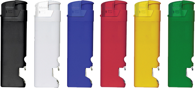 Пластиковая зажигалка с открывалкой под нанесение логотипа, арт. 14910, цветной непрозрачный глянцевый пластик, верхняя часть зажигалки в цвет корпуса.