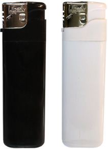 Пластиковая зажигалка под нанесение логотипа, арт. 14914. Пластиковый белый или чёрный корпус и кнопка, хромированная металлическая верхняя часть.